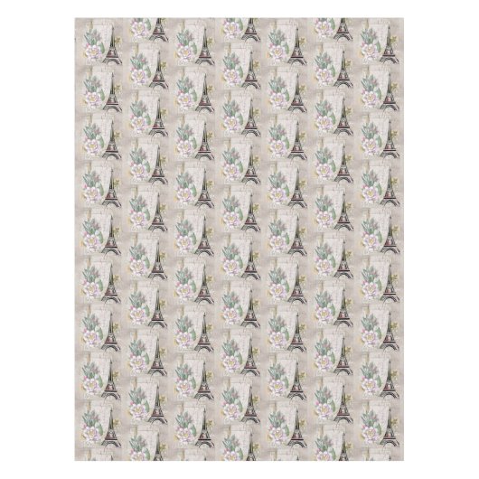 ヴィンテージフラワーコラージュ&エッフェルタワーパターン テーブルクロス (正面)