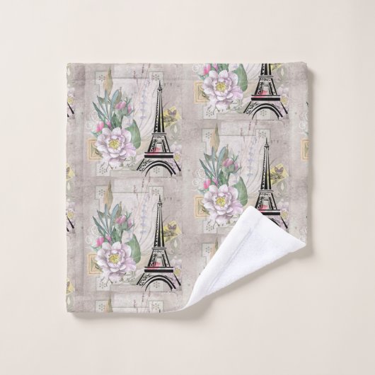ヴィンテージフラワーコラージュ&エッフェルタワーパターン バスタオルセット (ウォッシュタオル)