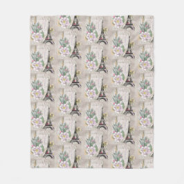 ヴィンテージフラワーコラージュ&エッフェルタワーパターン フリースブランケット
