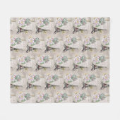 ヴィンテージフラワーコラージュ&エッフェルタワーパターン フリースブランケット (正面(横))