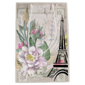 ヴィンテージフラワーコラージュ、エッフェルタワー&バーラップ ミディアムペーパーバッグ (正面)