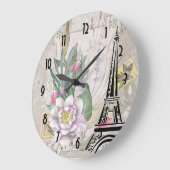 ヴィンテージフラワーズコラージュとエッフェルタワーイラストレストラット ラージ壁時計 (傾斜)