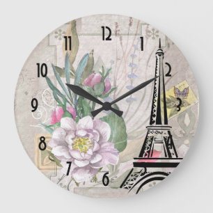 ヴィンテージフラワーズコラージュとエッフェルタワーイラストレストラット ラージ壁時計