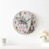 ヴィンテージフラワーズコラージュとエッフェルタワーイラストレストラット ラージ壁時計 (ホーム)