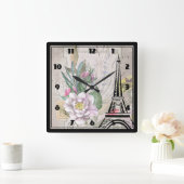 ヴィンテージフラワーズコラージュとエッフェルタワースケッチ スクエア壁時計 (ホーム)