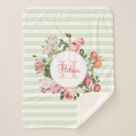 ヴィンテージフラワーズパステルグリーンストライプシズモノグラム シェルパブランケット