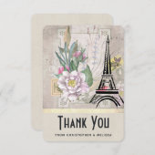 ヴィンテージフラワーズ、エッフェルタワーとバーラップ結婚ズ サンキューカード (正面/裏面)