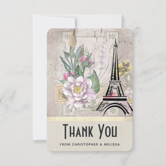 ヴィンテージフラワーズ、エッフェルタワーとバーラップ結婚ズ サンキューカード (正面)