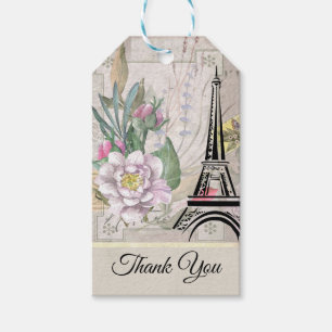 ヴィンテージフラワーズ、エッフェルタワーとBurlap Thank You ギフトタグ