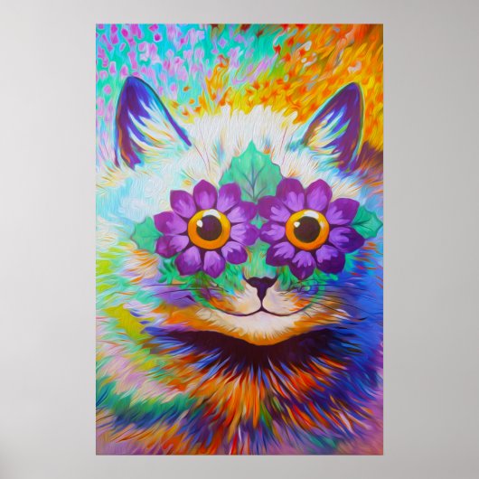 ヴィンテージフラワーパワーキャットアート ポスター (正面)