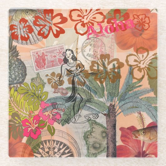 ヴィンテージフラワーフラカラフルハワイアントロピカル ガラスコースター (正面)