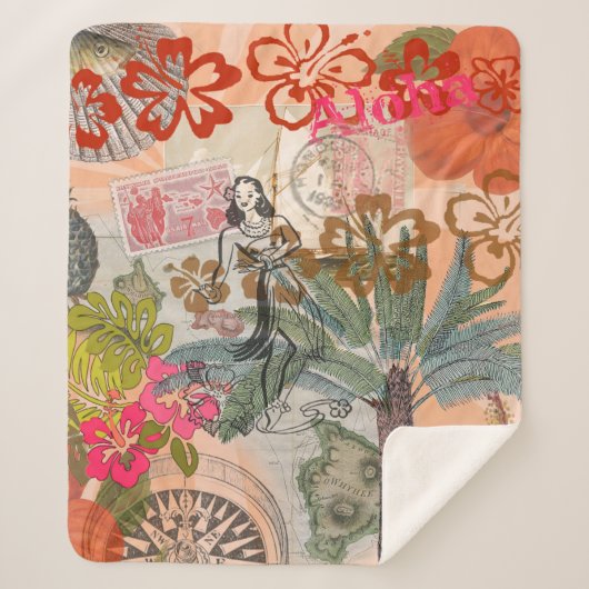 ヴィンテージフラワーフラカラフルハワイアントロピカル シェルパブランケット (正面)