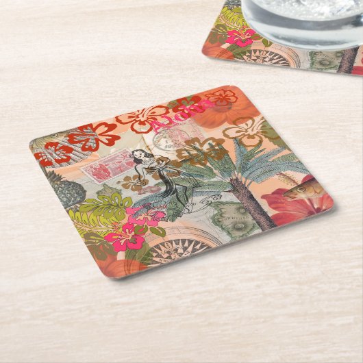 ヴィンテージフラワーフラカラフルハワイアントロピカル スクエアペーパーコースター (アングル)
