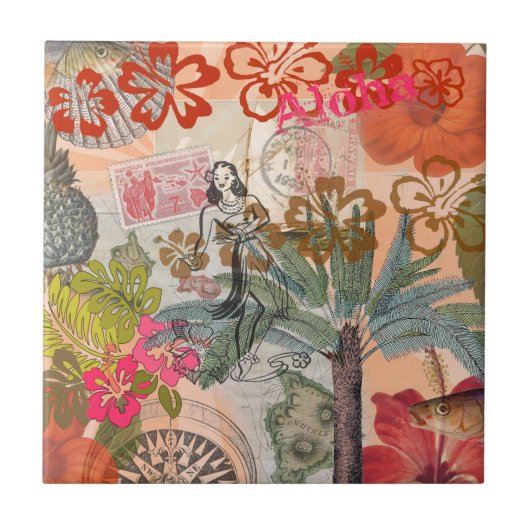 ヴィンテージフラワーフラカラフルハワイアントロピカル タイル (正面)