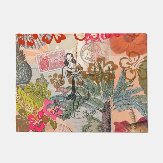 ヴィンテージフラワーフラカラフルハワイアントロピカル ドアマット (正面)