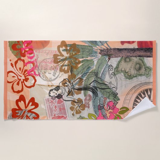 ヴィンテージフラワーフラカラフルハワイアントロピカル ビーチタオル (正面)