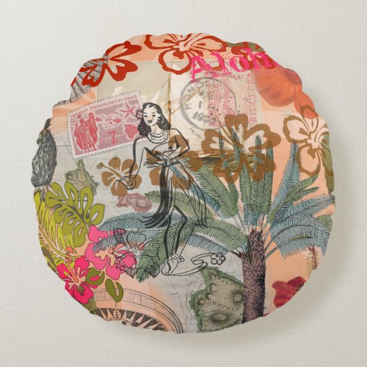 ヴィンテージフラワーフラカラフルハワイアントロピカル ラウンドクッション (正面)