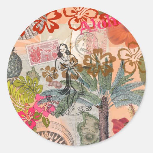 ヴィンテージフラワーフラカラフルハワイアントロピカル ラウンドシール (正面)