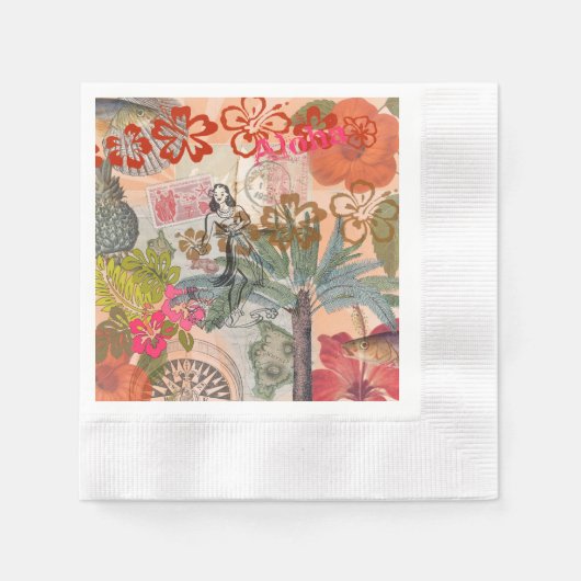 ヴィンテージフラワーフラカラフルハワイアントロピカル 縁ありカクテルナプキン (正面)