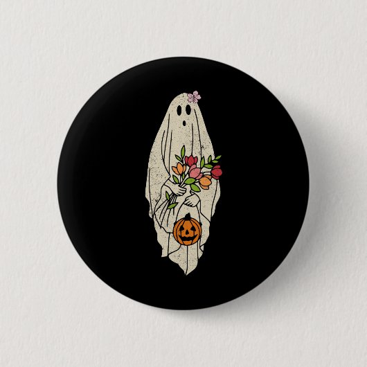 ヴィンテージフラワーフローラ幽霊かわいい面白いハロウィーンC 缶バッジ (正面)