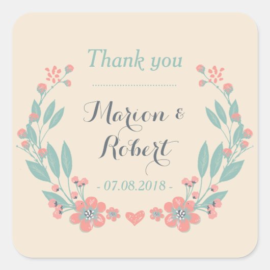 ヴィンテージフラワーリース結婚ズサンキューステッカー スクエアシール (正面)