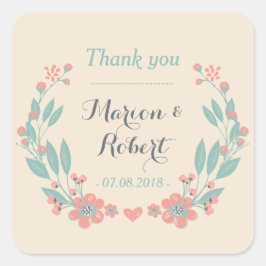 ヴィンテージフラワーリース結婚ズサンキューステッカー スクエアシール