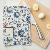 ヴィンテージフランスのの国と青い花モノグラム キッチンタオル (四つ折り)