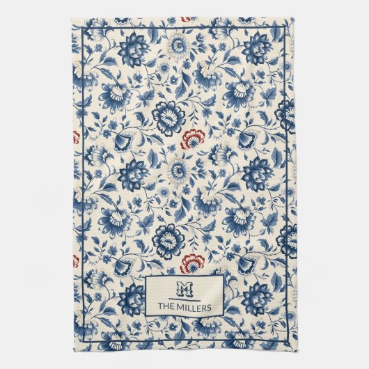 ヴィンテージフランスのの国と青い花モノグラム キッチンタオル (縦)