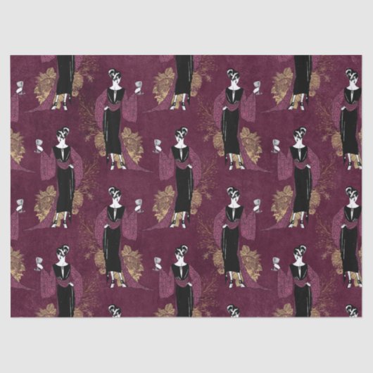 ヴィンテージフランスのの女性でワインを飲むマルーンのデコページ 薄葉紙 (正面)