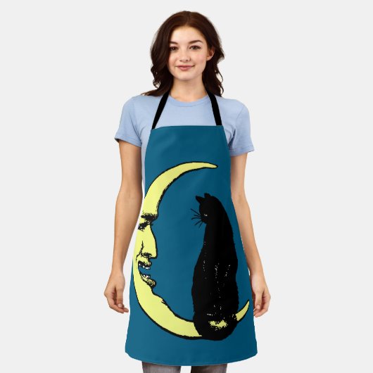 ヴィンテージフランスのの月と猫の男 エプロン (着用した状態)