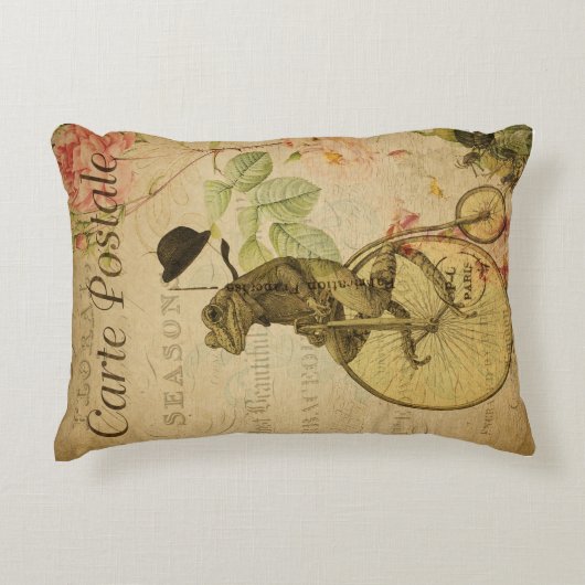 ヴィンテージフランスのはがきカエル乗用自転車バラ アクセントクッション (正面)