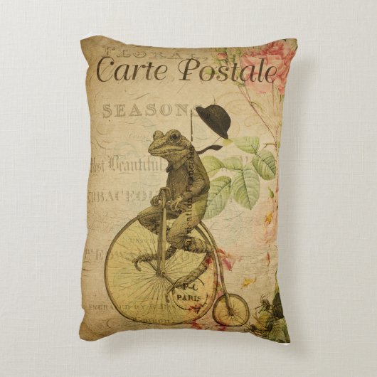 ヴィンテージフランスのはがきカエル乗用自転車バラ アクセントクッション (裏面(縦))