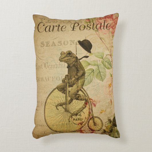 ヴィンテージフランスのはがきカエル乗用自転車バラ アクセントクッション (正面(垂直))
