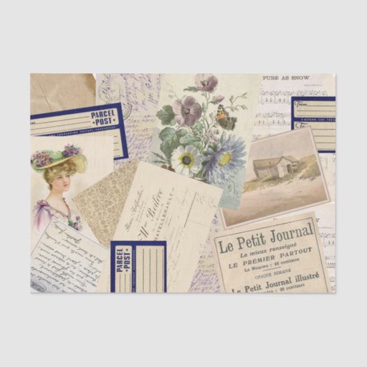 ヴィンテージフランスのはがきビーチフローラコラージュ 薄葉紙 (正面)