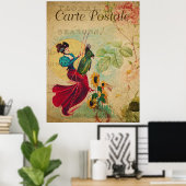 ヴィンテージフランスのアートプリント、レトロ女性と鳥 ポスター (ホームオフィス)