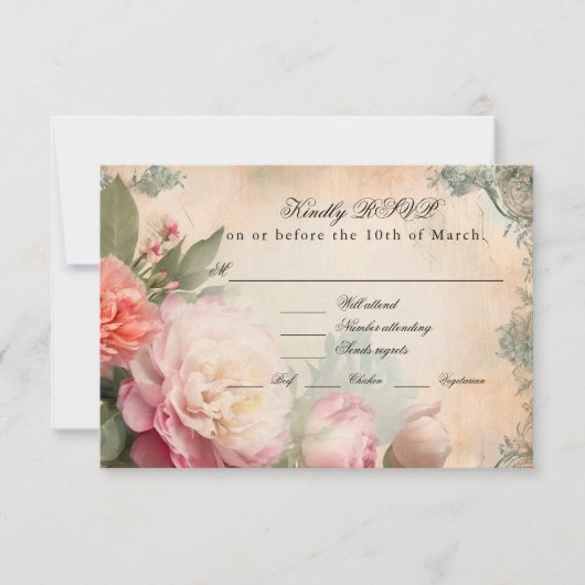 ヴィンテージフランスのエレガントフローラジャンク結婚ジャーナル 出欠カード (正面)