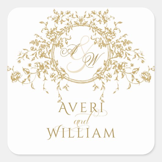 ヴィンテージフランスのエレガント金ゴールドフローラモノグラム結婚ズ スクエアシール (正面)