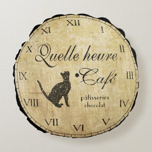ヴィンテージフランスのカフェ時計枕 ラウンドクッション (正面)