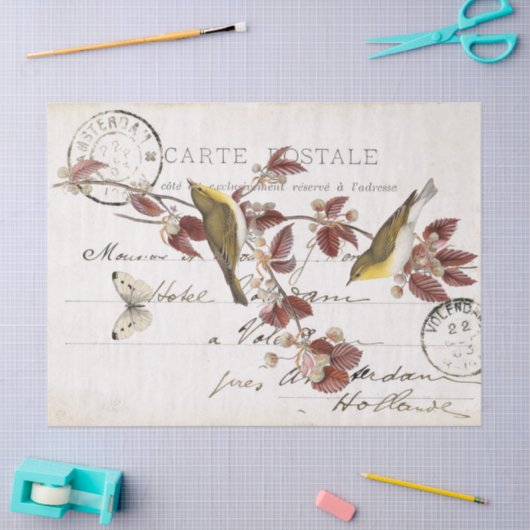 ヴィンテージフランスのカルテポストアーレバードバタフライリーフ 薄葉紙 (クラフト)