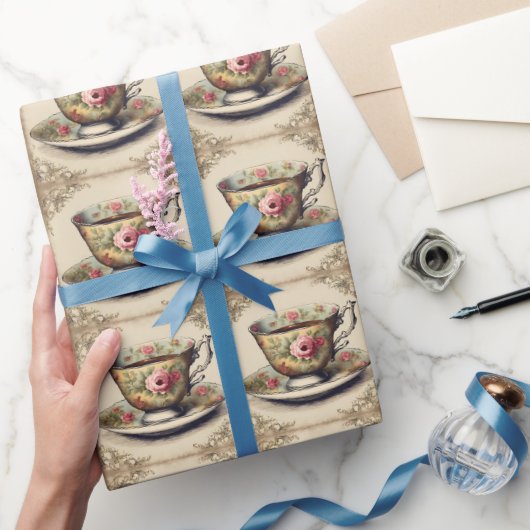 ヴィンテージフランスのカントリーフローラティーカップ ラッピングペーパー (ギフト)