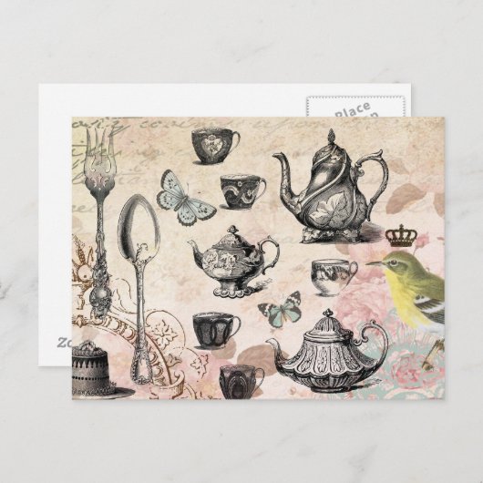 ヴィンテージフランスのガーデン茶パーティー葉書 ポストカード (正面/裏面)