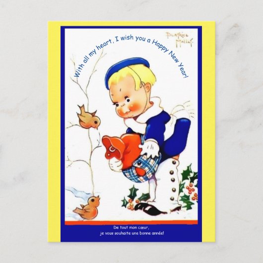 ヴィンテージフランスのガール雪鳥 – 楽しい ポストカード (正面)