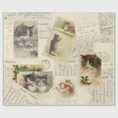 ヴィンテージフランスのキャットポストカードクリスマスホリー ラッピングペーパー (フラット)