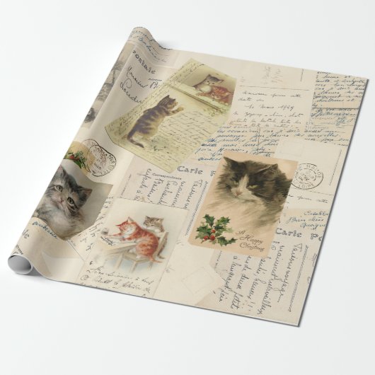 ヴィンテージフランスのキャットポストカードクリスマスホリー ラッピングペーパー (アンロールド)