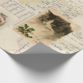 ヴィンテージフランスのキャットポストカードクリスマスホリー ラッピングペーパー (角)