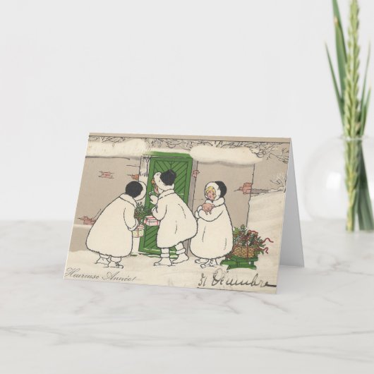 ヴィンテージフランスのギフト·ガールズ·クリスマス·カ空白のード シーズンカード (正面)