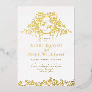 ヴィンテージフランスのクラシックエレガント金ゴールド結婚フローラ 箔招待状