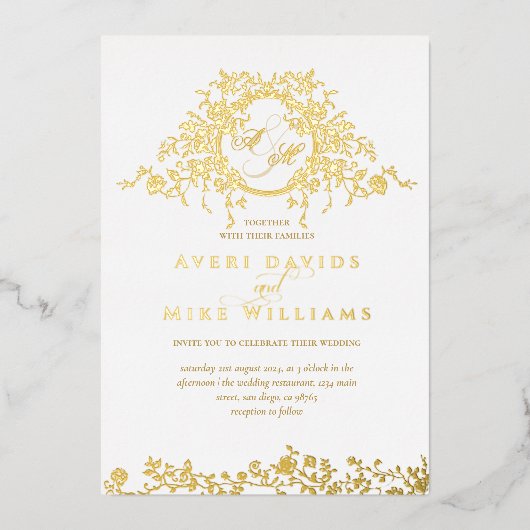 ヴィンテージフランスのクラシックエレガント金ゴールド結婚フローラ 箔招待状 (正面)
