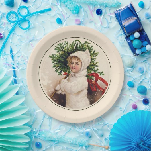 ヴィンテージフランスのクリスマスツリーガールホリデイ ペーパープレート (パーティー)