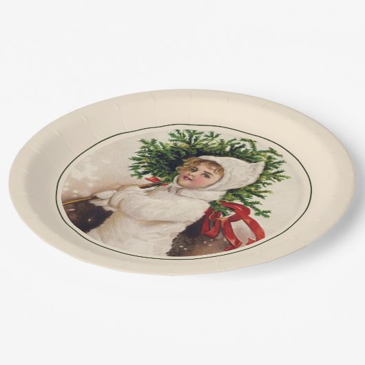 ヴィンテージフランスのクリスマスツリーガールホリデイ ペーパープレート (アングル)